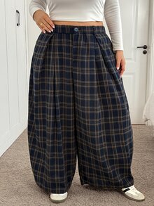 SHEIN CURVE+ Plus Size Women's Plaid Casual Versatile Daily Wear Long Pants Fall - Multicolor - View 4
