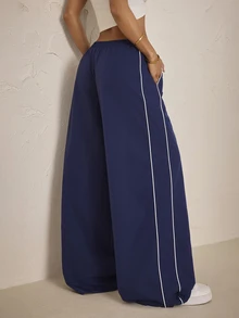 SHEIN PETITE Women's Colorblock Casual Versatile Everyday Long Pants - Navy Blue - View 2