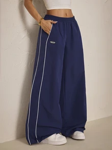 SHEIN PETITE Women's Colorblock Casual Versatile Everyday Long Pants - Navy Blue - View 5
