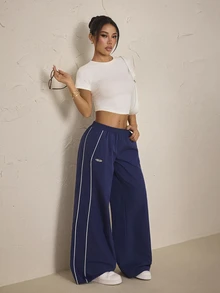 SHEIN PETITE Women's Colorblock Casual Versatile Everyday Long Pants - Navy Blue - View 6