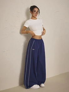 SHEIN PETITE Women's Colorblock Casual Versatile Everyday Long Pants - Navy Blue - View 8