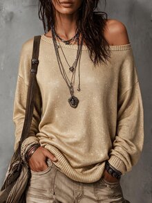 Omancia Fall Atmosphere Champagne Fine Glitter Boat Neck Knit Top For Women Asymmetrical Shoulder Exposed Long Sleeve Slim Fit Base Layer Dating Party Night - Gold - View 4