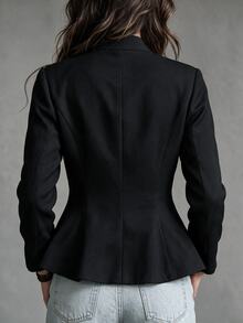 SHEIN Unity 女款優雅編織飾邊鈕扣長袖夾克，適合通勤與辦公，秋冬冬季女裝，聖誕拿破崙風 - 黑色 - 查看 3