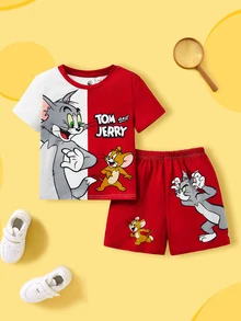 TOM & JERRY X SHEIN 2件套小男孩卡通图案拼色短袖T恤和短裤套装，适合春夏季 - 紅色 - 查看 2