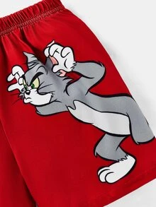 TOM & JERRY X SHEIN 2件套小男孩卡通图案拼色短袖T恤和短裤套装，适合春夏季 - 紅色 - 查看 6
