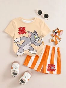 TOM & JERRY X SHEIN 男嬰卡通印花T恤與條紋短褲套裝 - 橘色 - 查看 2