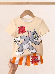 TOM & JERRY X SHEIN 男嬰卡通印花T恤與條紋短褲套裝 - 橘色 - 查看 4