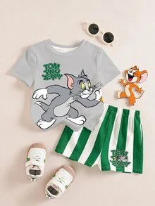 TOM & JERRY X SHEIN 男嬰字母卡通印花短袖T恤與短褲休閒日常套裝 - 綠色 - 查看 2