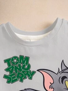 TOM & JERRY X SHEIN 男嬰字母卡通印花短袖T恤與短褲休閒日常套裝 - 綠色 - 查看 5