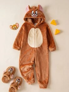 TOM & JERRY X SHEIN Young Boy Brown Cute Little Mouse Jerry Embroidered Pattern Three-Dimensional Ears Early Years Happy Hooded Role Play Costume, Suitable For Autumn And Winter, Halloween And Party Fall - Brown - View 2