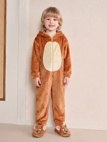 TOM & JERRY X SHEIN Young Boy Brown Cute Little Mouse Jerry Embroidered Pattern Three-Dimensional Ears Early Years Happy Hooded Role Play Costume, Suitable For Autumn And Winter, Halloween And Party Fall - Brown - View 1