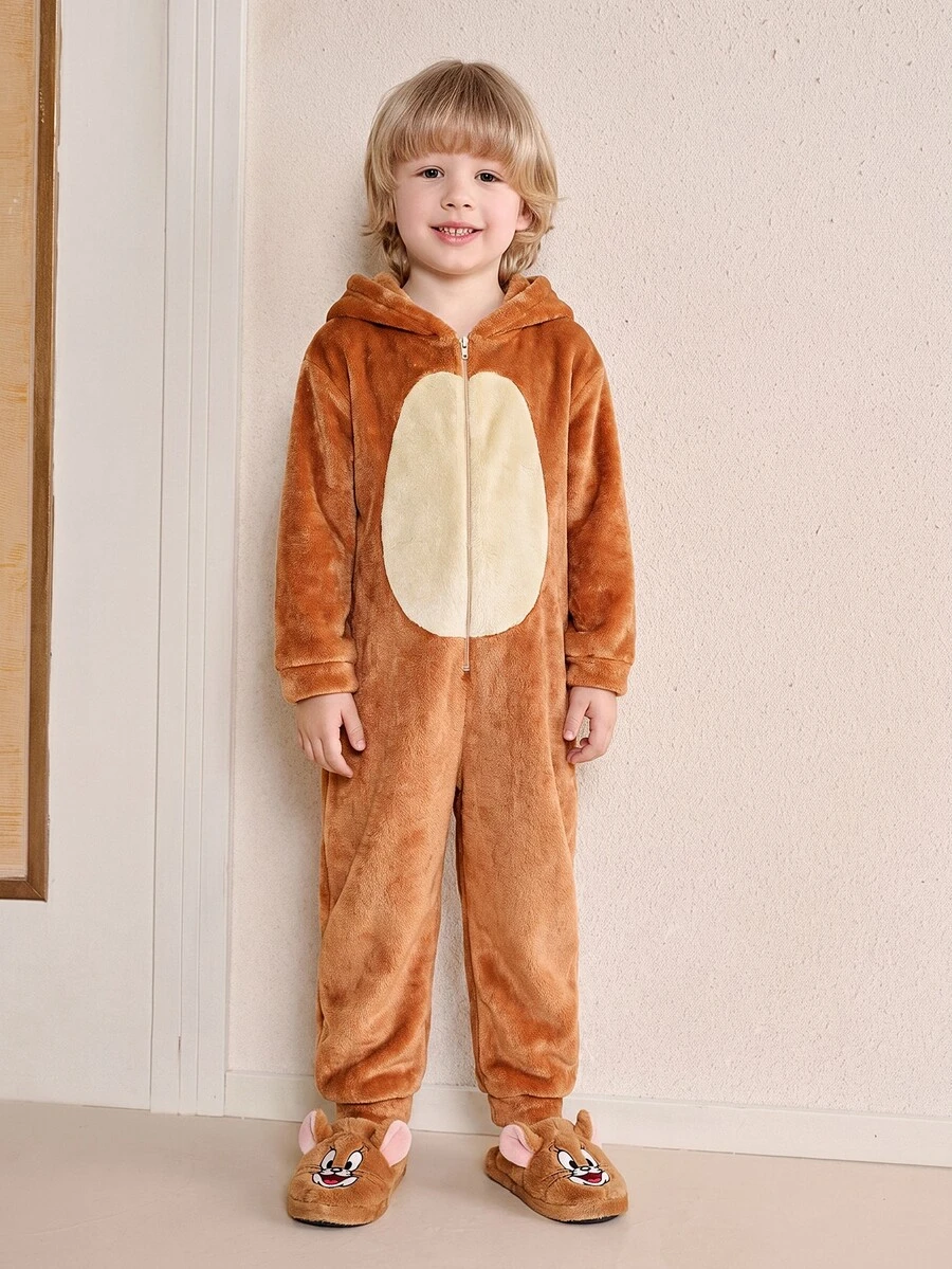 TOM & JERRY X SHEIN Young Boy Brown Cute Little Mouse Jerry Embroidered Pattern Three-Dimensional Ears Early Years Happy Hooded Role Play Costume, Suitable For Autumn And Winter, Halloween And Party Fall - Brown - View 1