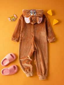 TOM & JERRY X SHEIN Young Boy Brown Cute Little Mouse Jerry Embroidered Pattern Three-Dimensional Ears Early Years Happy Hooded Role Play Costume, Suitable For Autumn And Winter, Halloween And Party Fall - Brown - View 3