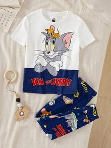 TOM & JERRY X SHEIN Young Boy Cartoon Letter Print Contrast Color Short Sleeve T-Shirt And Pants Pajama Set, Suitable For Spring, Summer, Autumn - Navy Blue - View 2