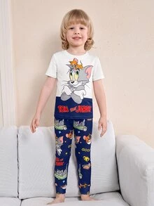 TOM & JERRY X SHEIN Young Boy Cartoon Letter Print Contrast Color Short Sleeve T-Shirt And Pants Pajama Set, Suitable For Spring, Summer, Autumn - Navy Blue - View 1