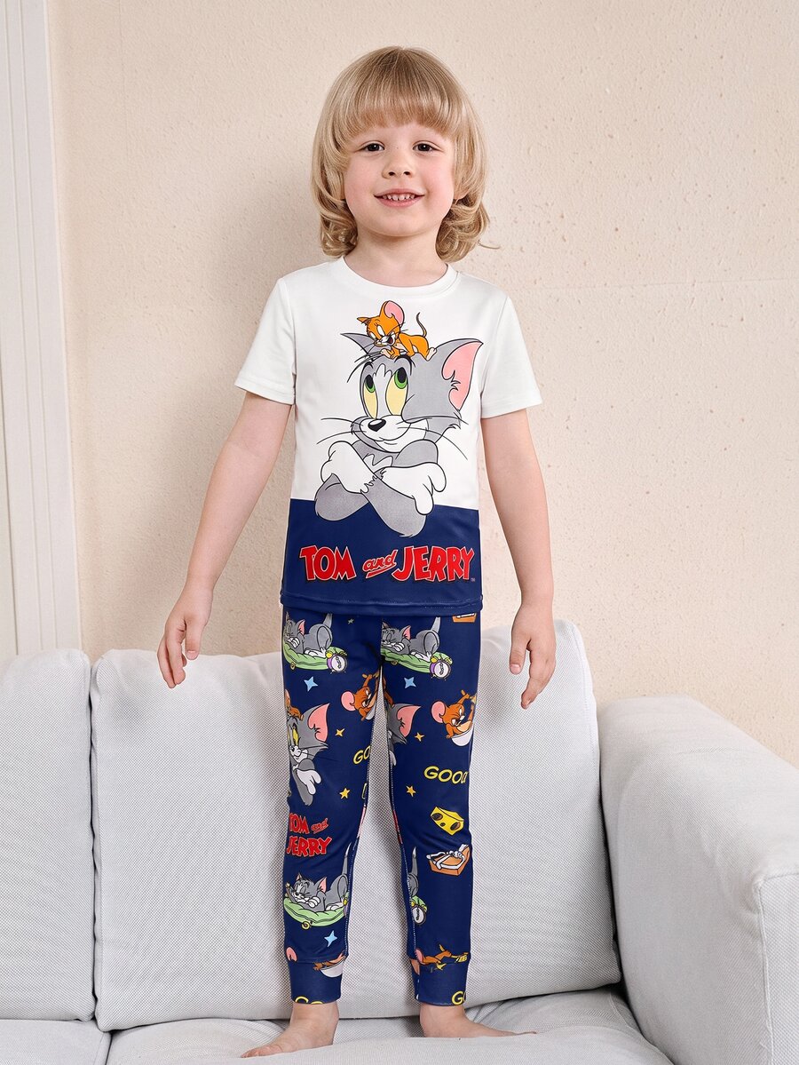 TOM & JERRY X SHEIN Young Boy Cartoon Letter Print Contrast Color Short Sleeve T-Shirt And Pants Pajama Set, Suitable For Spring, Summer, Autumn - Navy Blue - View 1