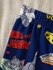 TOM & JERRY X SHEIN Young Boy Cartoon Letter Print Contrast Color Short Sleeve T-Shirt And Pants Pajama Set, Suitable For Spring, Summer, Autumn - Navy Blue - View 6
