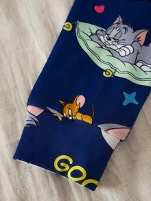 TOM & JERRY X SHEIN Young Boy Cartoon Letter Print Contrast Color Short Sleeve T-Shirt And Pants Pajama Set, Suitable For Spring, Summer, Autumn - Navy Blue - View 7