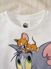 TOM & JERRY X SHEIN Young Boy Cartoon Letter Print Contrast Color Short Sleeve T-Shirt And Pants Pajama Set, Suitable For Spring, Summer, Autumn - Navy Blue - View 4