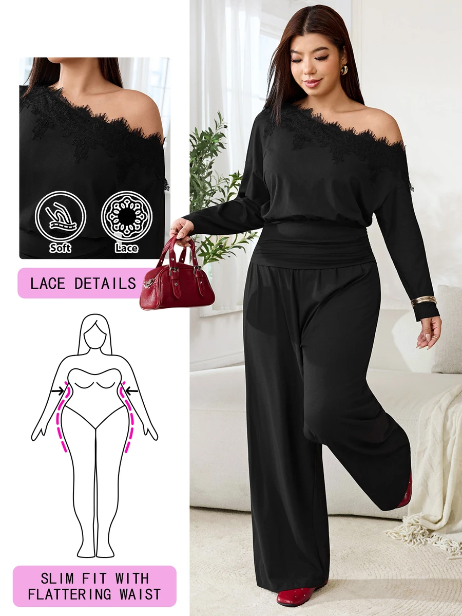 Solflare Plus Size Women's Autumn/Winter Contrast Lace Asymmetrical Shoulder Long Sleeve Top And Wide Leg Pants Fashion 2 Pieces Set - Multicolor - View 1