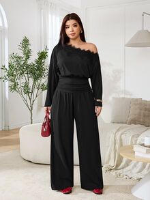 Solflare Plus Size Women's Autumn/Winter Contrast Lace Asymmetrical Shoulder Long Sleeve Top And Wide Leg Pants Fashion 2 Pieces Set - Multicolor - View 4
