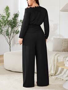 Solflare Plus Size Women's Autumn/Winter Contrast Lace Asymmetrical Shoulder Long Sleeve Top And Wide Leg Pants Fashion 2 Pieces Set - Multicolor - View 2