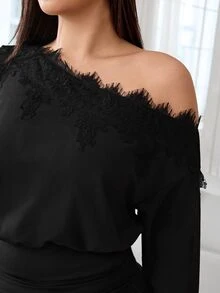 Solflare Plus Size Women's Autumn/Winter Contrast Lace Asymmetrical Shoulder Long Sleeve Top And Wide Leg Pants Fashion 2 Pieces Set - Multicolor - View 5