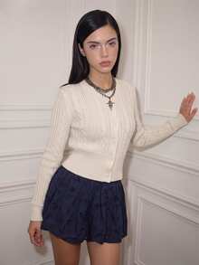 CHAOSSORY CHAOSSORY Apricot Cinched Waist Single-Breasted French Vintage Sweet Style Knit Cardigan - Apricot - View 4
