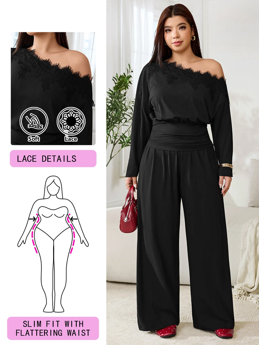 Solflare Plus Size Women's Autumn/Winter Contrast Lace Asymmetrical Shoulder Long Sleeve Top And Wide Leg Pants Fashion 2 Pieces Set - Multicolor - View 1