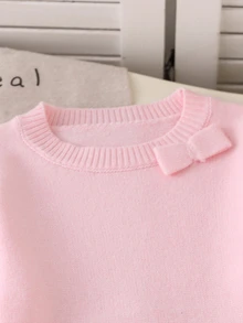 2026 Spring/Autumn New 4-7 Years Old Girls Sweater Set, Round Neck Knit Sweater And Wide Leg Pants With 3D Bow, 2 Pieces Set Suitable For Outings, Casual Wear, Weekend Family Gatherings And School Activities - Baby Pink - View 7