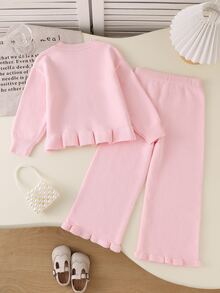 2026 Spring/Autumn New 4-7 Years Old Girls Sweater Set, Round Neck Knit Sweater And Wide Leg Pants With 3D Bow, 2 Pieces Set Suitable For Outings, Casual Wear, Weekend Family Gatherings And School Activities - Baby Pink - View 2