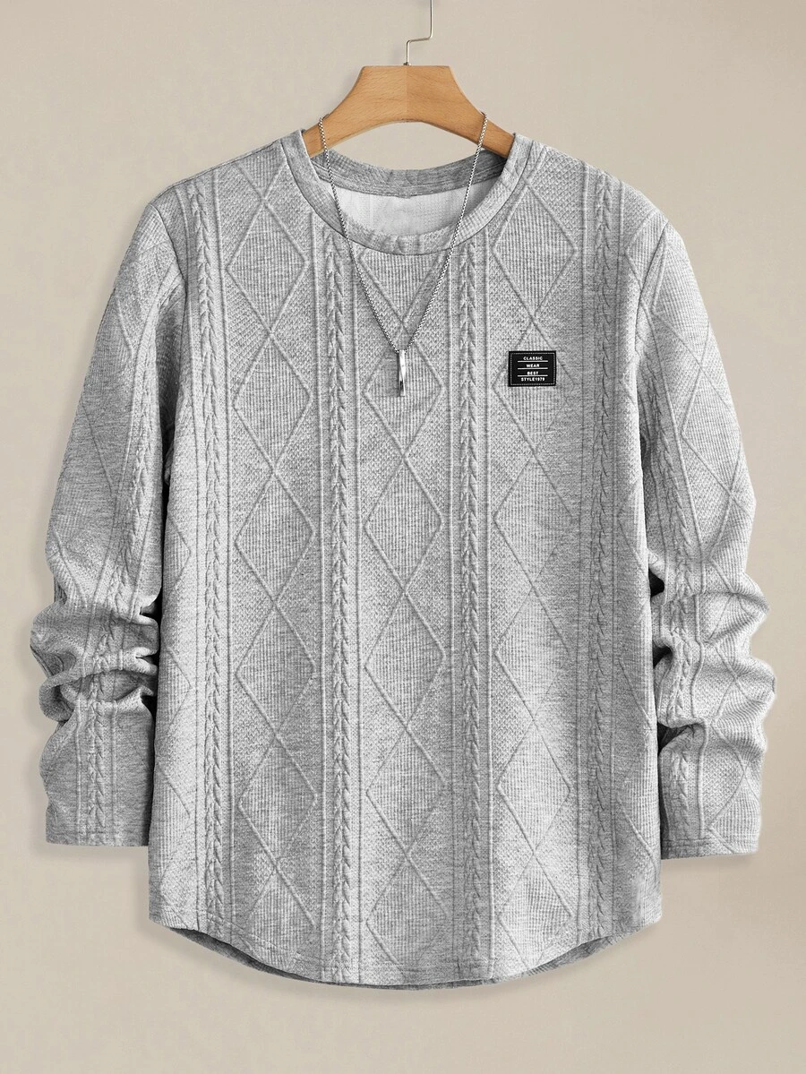 EASEVO 男士大尺碼寬鬆針織麥穗菱格紋圓領長袖T恤,灰粉色秋季休閒度假上衣,父親節禮物,足球 - 灰色 - 查看 1
