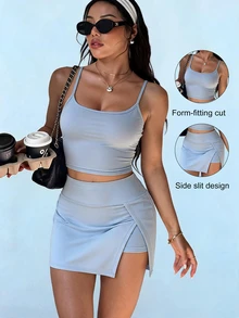 Sovereign Charm Light Blue 2 Pieces Tennis Outfit, Spaghetti Strap Cropped Tank Top And High-Waisted Skirt Set, Stretchy, For Sports, Golf, Yoga - Blue - View 1