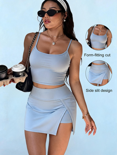 Sovereign Charm Light Blue 2 Pieces Tennis Outfit, Spaghetti Strap Cropped Tank Top And High-Waisted Skirt Set, Stretchy, For Sports, Golf, Yoga