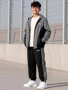 Vacaura Teen Boys Outerwear Co-Ords,Letter Print Geometric Colorblock Full Zip Up Hooded Jacket & Contrast Piping Jogger Pants Tracksuit Set,Fall Sets - Dark Grey - View 3