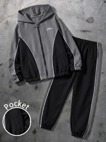 Vacaura Teen Boys Outerwear Co-Ords,Letter Print Geometric Colorblock Full Zip Up Hooded Jacket & Contrast Piping Jogger Pants Tracksuit Set,Fall Sets - Dark Grey - View 1