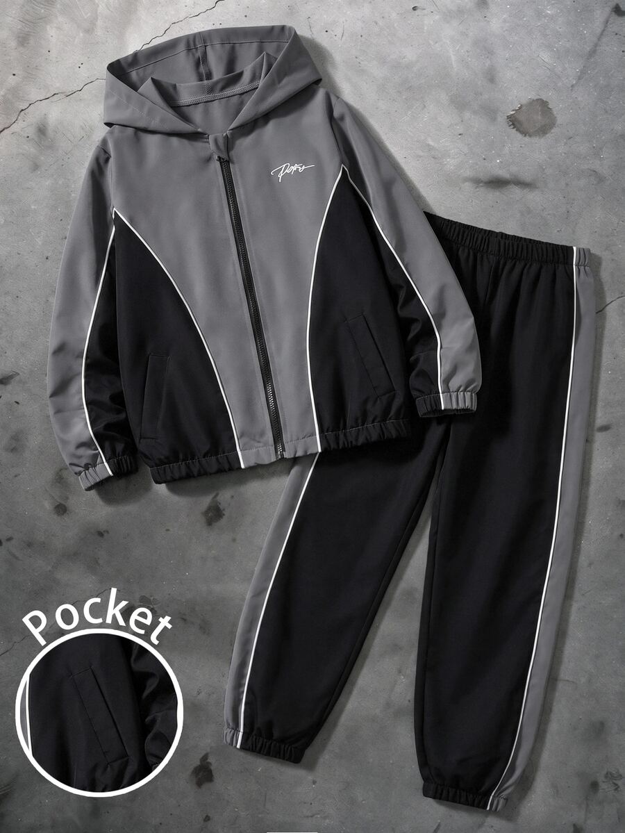 Vacaura Teen Boys Outerwear Co-Ords,Letter Print Geometric Colorblock Full Zip Up Hooded Jacket & Contrast Piping Jogger Pants Tracksuit Set,Fall Sets - Dark Grey - View 1