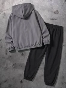 Vacaura Teen Boys Outerwear Co-Ords,Letter Print Geometric Colorblock Full Zip Up Hooded Jacket & Contrast Piping Jogger Pants Tracksuit Set,Fall Sets - Dark Grey - View 2