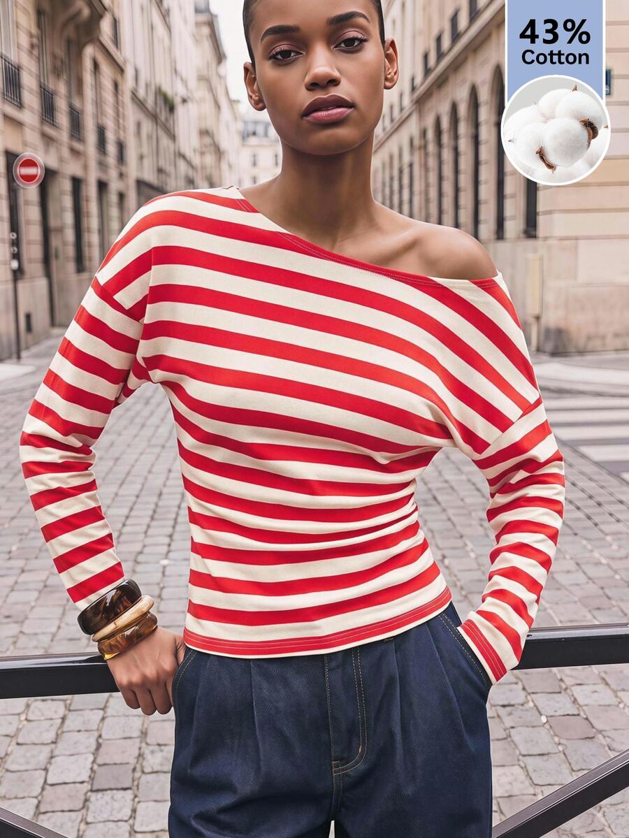 Maija Women's Streetwear Asymmetrical Shoulder Striped Colorblock Long Sleeve Top - Red - View 1