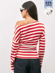 Maija Women's Streetwear Asymmetrical Shoulder Striped Colorblock Long Sleeve Top - Red - View 3