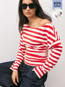 Maija Women's Streetwear Asymmetrical Shoulder Striped Colorblock Long Sleeve Top - Red - View 7