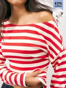 Maija Women's Streetwear Asymmetrical Shoulder Striped Colorblock Long Sleeve Top - Red - View 5