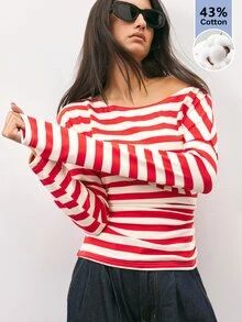 Maija Women's Streetwear Asymmetrical Shoulder Striped Colorblock Long Sleeve Top - Red - View 8