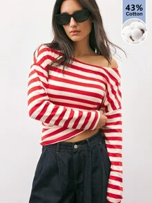 Maija Women's Streetwear Asymmetrical Shoulder Striped Colorblock Long Sleeve Top - Red - View 4