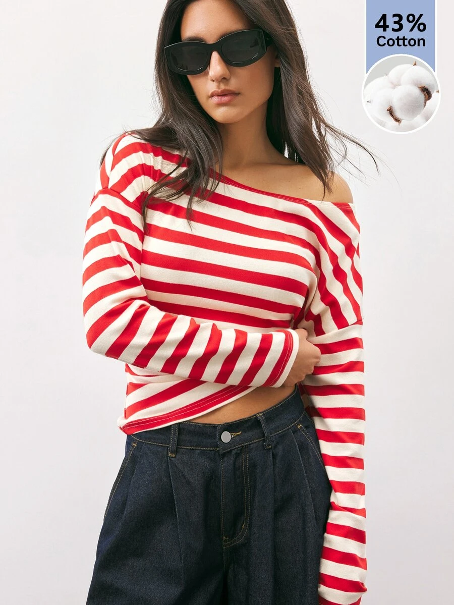 Maija Women's Streetwear Asymmetrical Shoulder Striped Colorblock Long Sleeve Top - Red - View 1