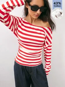 Maija Women's Streetwear Asymmetrical Shoulder Striped Colorblock Long Sleeve Top - Red - View 6