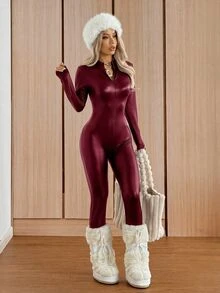 SHEIN EZwear 女款純色休閒繃帶性感連身褲，適合日常穿著、派對、夜店、外出，聖誕酒紅色秋季款 - 酒紅色 - 查看 5