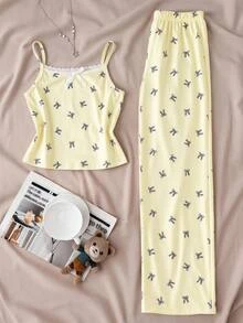 SHEIN Tween Girl Tween Girl Sweet Minimalist Pale Yellow Camisole Lace Patchwork 3D Ribbon Bow Decor Knit Butterfly Print Tank Top And Straight Leg Long Pants 2 Pieces Loungewear Set, Pale Yellow - Yellow - View 5