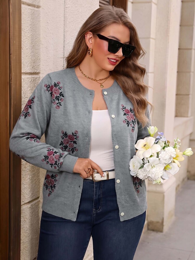 Miaspire Plus Size Women's New Fashion Printed Thin Knit Cardigan, Casual Versatile Lightweight Jacket For Spring And Autumn Winter - Grey - View 3