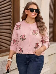 Miaspire Plus Size Women's New Fashion Printed Thin Knit Cardigan, Casual Versatile Lightweight Jacket For Spring And Autumn Winter - Pink - View 5